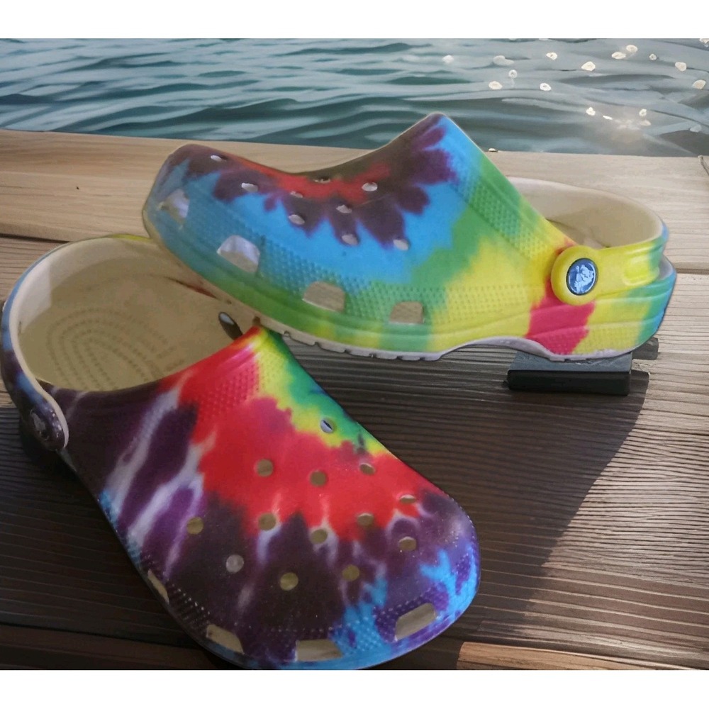 Crocs Unisex Classic Rainbow Tie Dye Sandals Clogs Mens 4 Womens 6 Boho Hippie